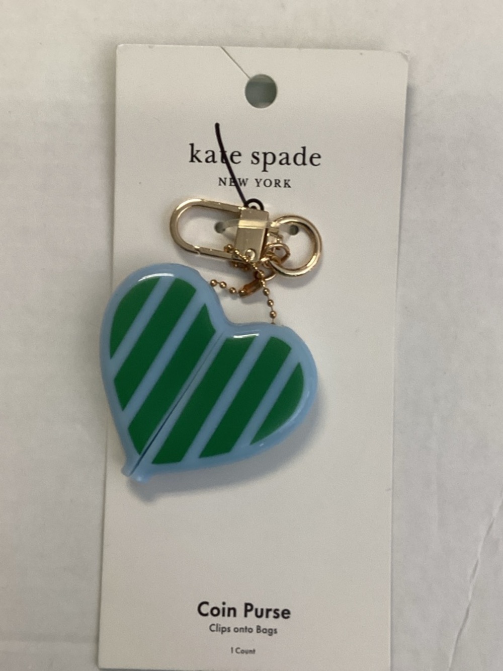 kate spade Green and Light Blue Striped Heart Keychain Coin Purse